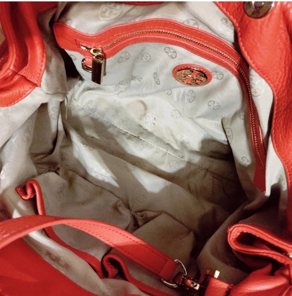 Tory Burch Amanda Orange Leather Logo Satchel Shoulder Bag –With Matching Mirror - Picture 13 of 14